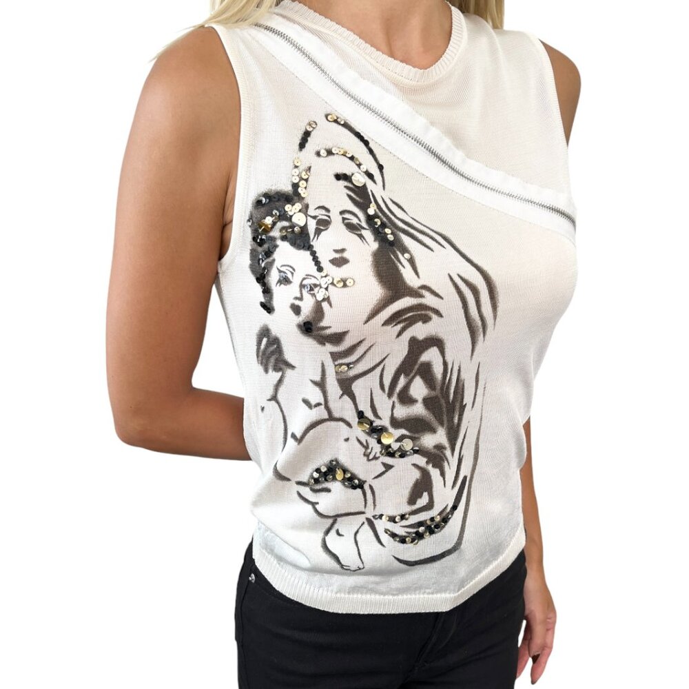 Christian Dior Vintage Zipped Tank Top #38 Sequins White Silver Viscose [103709]